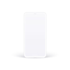 Clay phone mockup. White mobile device concept isolated with blank screen for show your ux design, site, presentation and promo. Realistic generic 3d smartphone in front view with shadow.