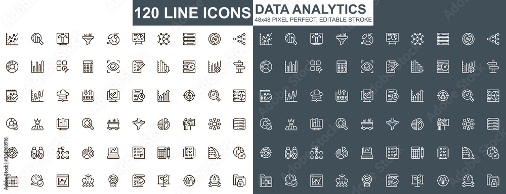 Fototapete Data analytics thin line icons set. Business statistics and financial statements unique design icons. Data processing and analysis outline vector bundle. 48x48 pixel perfect linear pictogram pack.