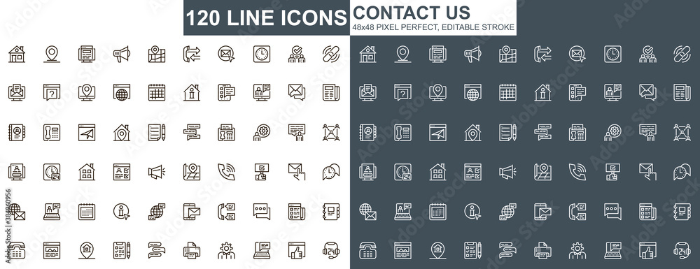 Poster contact us thin line icons set. online communication, email messaging unique design icons. business 