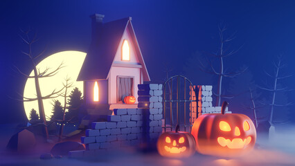 Fototapeta na wymiar halloween theme with pumpkins and a house at night.,3d model and illustration.