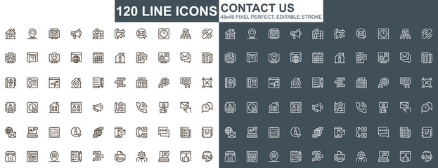 Contact us thin line icons set. Online communication, email messaging unique design icons. Business connections, chat and phone calling outline vector bundle. 48x48 pixel perfect linear pictogram pack