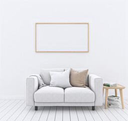 mock up modern interior sofa in living room white wall, horizontal frame, empty frame, 3D render