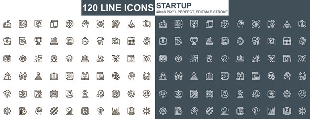 Startup thin line icons set. Business idea generation and development. Startup project, company founding unique design icons. outline vector bundle. 48x48 pixel perfect linear pictogram pack.