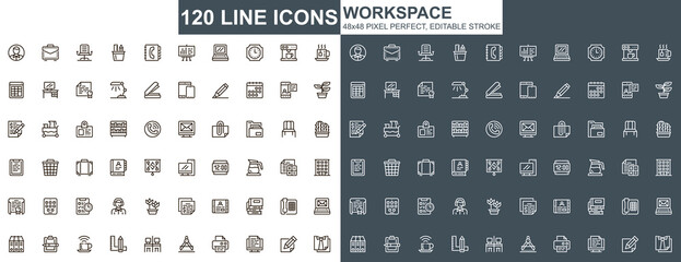 Workspace thin line icons set. Corporate workplace, coworking space unique design icons. Business workflow, corporate management outline vector bundle. 48x48 pixel perfect linear pictogram pack.