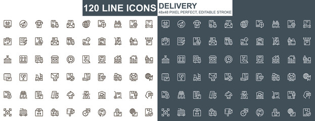 Delivery thin line icons set. Global and local shipping, warehousing and transportation unique design icons. Express delivery service outline vector bundle. 48x48 pixel perfect linear pictogram pack.