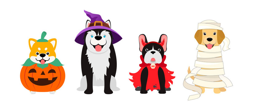Set Of Dogs In Halloween Costumes Isolated On White Background. Halloween Pets 