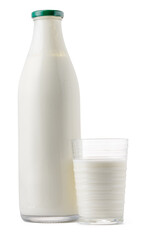 Glass bottle and cup of fresh milk isolated