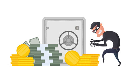 The robber steals money. The criminal steals gold coins. Robbery and finance security concept. Flat style, isolated, vector.