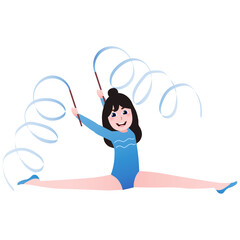 Cute girl doing atletics excersices on twine with ribbon in blue tutu, litttle ballerina training, afterschool activity in cartoon style on white background, gymnasts in gym