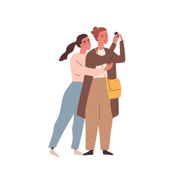 Female couple or friends cuddling and photographing together. Women hugging and taking selfie. Homosexual characters embracing and taking picture. Flat vector cartoon illustration isolated on white