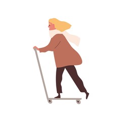 Young cheerful woman push and ride kick scooter. Modern adult citizen having fun outdoors. Scene of active lifestyle or recreation. Flat vector cartoon illustration of female rider isolated on white
