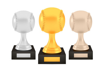 Winner baseball awards set, gold silver bronze trophy cups on stands with empty plates