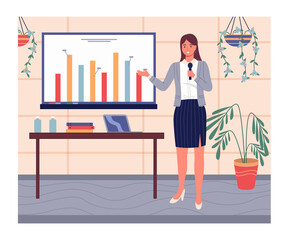 Confident smiling woman wearing office suit and shoes on heels show presentation with graph, diagram at digital board. Businesswoman talking with microphone. Table with laptop and office folders