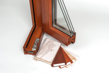 Plastic window section with sample,color samples of window sill, on white