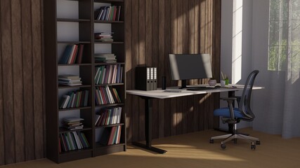 3D rendering workspace with computer monitor at home