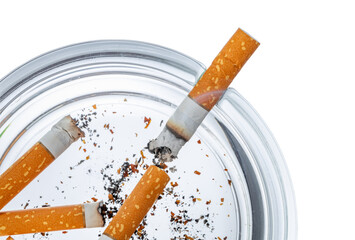 Burnt cigarette butts in an ash tray isolated on white