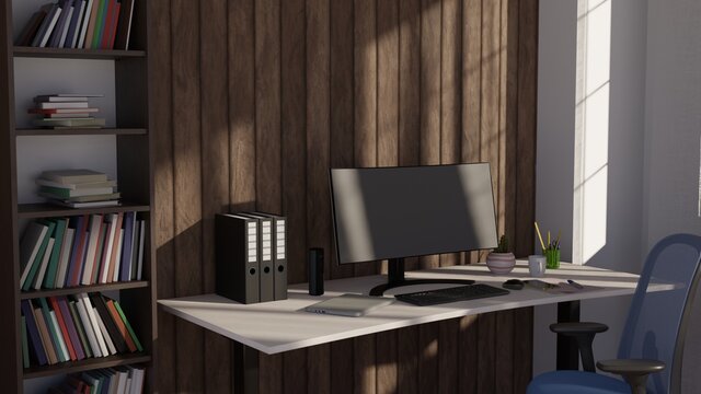 3D rendering workspace with monitor and book shelf at home