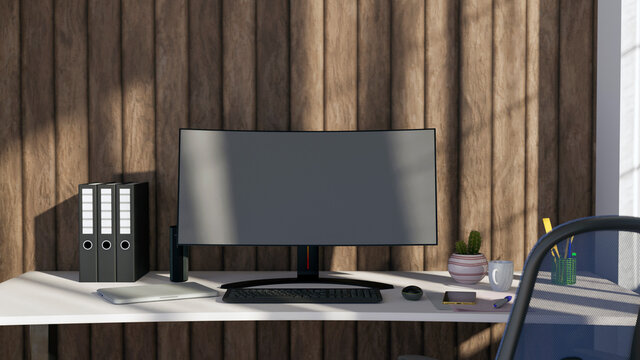 3D rendering front view of workspace with blank monitor