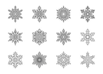Christmas snowflakes collection isolated on white background. Cute hand drawn snow icons with intricate cut out silhouette. Nice line doodle decorative element for New year banner, cards or ornament
