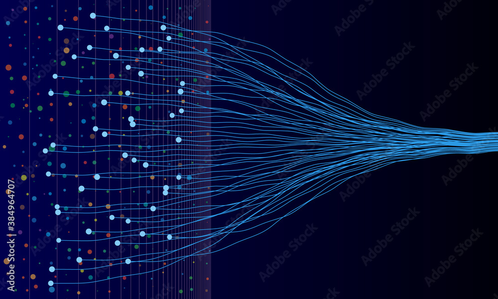Fototapete Big data visualization with lines and dots. Diminishing perspective on background with lines.