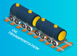 Oil petroleum industry concept. Transportation oil with railway carriage. Isolated vehicle at blue background. Transport filled with petroleum. Isometric cartoon 3d illustration. Commercial delivery