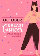 Vertical placard to support oncology survivors with beautiful woman holding pink ribbon symbol. Support poster for Breast cancer awareness month. Flat vector illustration
