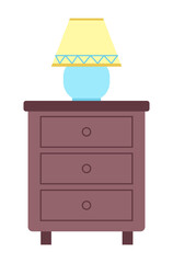 Wooden chest of drawers with yellow and blue lamp. Isolated stylish furniture for home, design elements for room. Storage space, electric light object. Furniture for clothes. Cartoon flat style