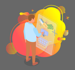 Online shop, isometric 3d illustration with abstract background. Man customer choosing good in online shop, put it in cart at website. Money, coins, credit card symbols. Spending money in e-store