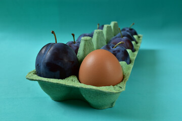 Ripe plums and brown egg in an egg storage container on an emerald background.