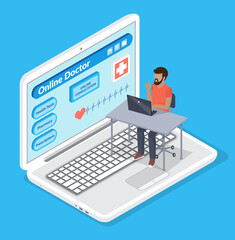 Isometric illustration. Man with laptop sitting at big laptop. Patient looking at screen. Online consultation with doctor. Medical virtual help at distance. Opening medical website of clinic