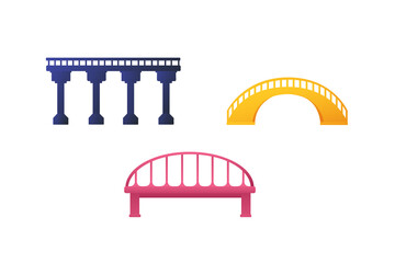 Set of three bridges flat illustration isolated on white background. Flat simple design of classic bridges. Explicit constructs.