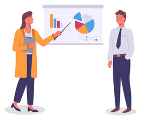 Presentation at board, businesswoman show charts and diagram to colleague, analysing graphics on white board, cartoon character presenting financial plan, worker show graphical analysis, statistics