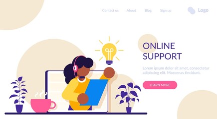 Online technical support 24-7. Concept customer and operator. Female hotline operator advises client. Online assistant, virtual help service. Modern flat illustration.