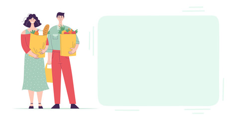 Happy man and woman stand in full height and hold paper bags with food. Space for your text. Shopping in supermarket flat cartoon vector isolated illustration on white background.