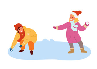 Two Girls Playing Snow Fight Outdoors In Winter. Winter Activities. Flat Vector Illustration. Isolated On White.