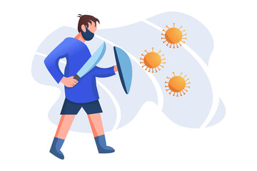 illustration of a man fighting a virus. flat illustration design about covid-19 and new normal. 