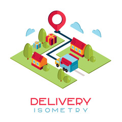 Fototapeta premium Delivery to your home in isometry. A car with wings goes to the geotag. Fast delivery.