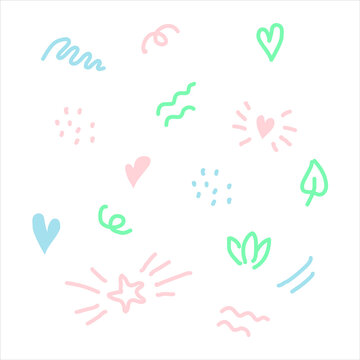 Nice doodle elements wave, dot, star, heart for children overlay set. Baby photo album elements. White isolated background.
