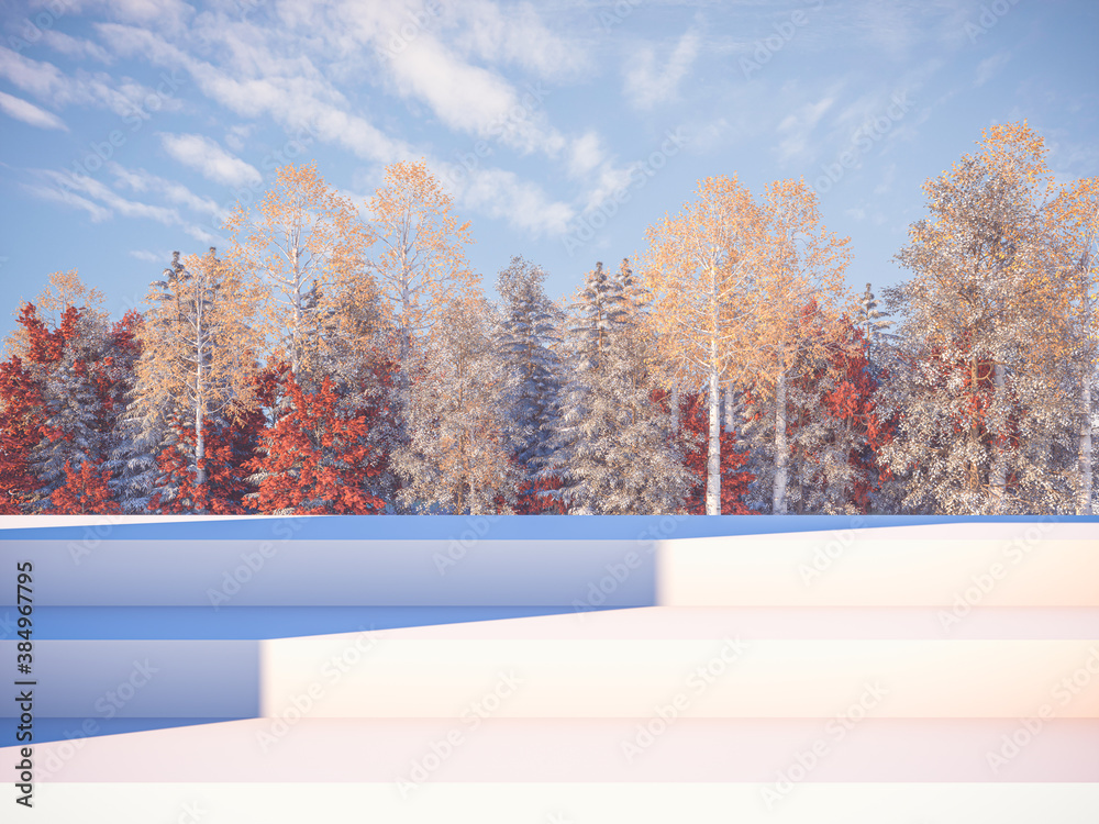 Poster Abstract Autumn landscape scene with geometrical forms in natural day light. 3D render background.