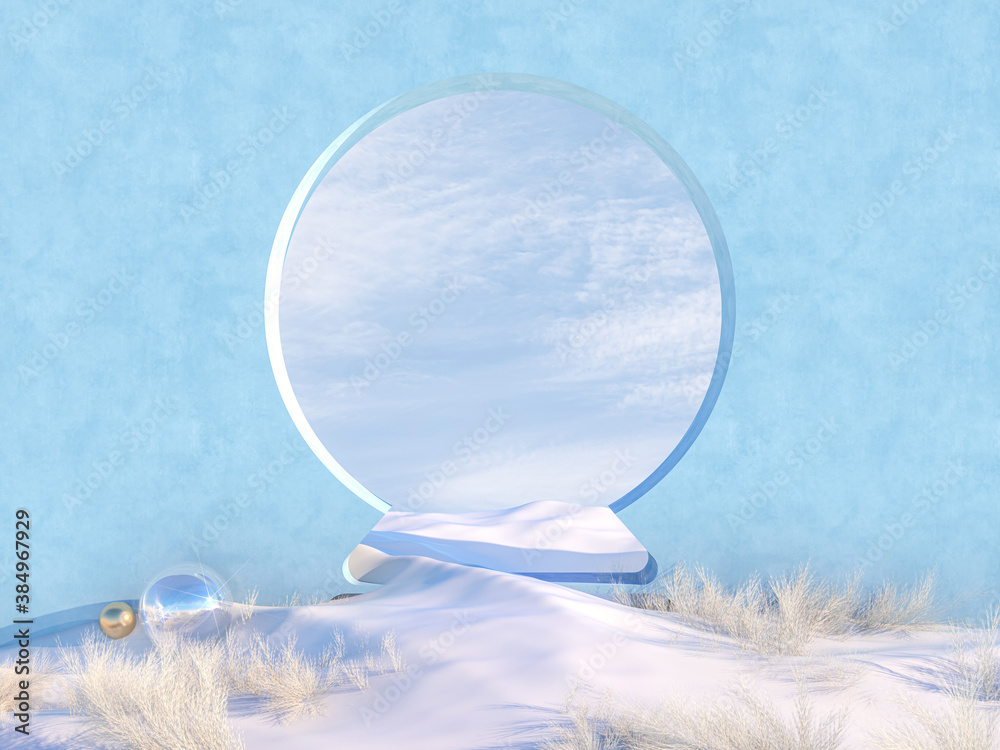 Poster Empty Winter Christmas scene with Snow globe shape frame. 3d render.