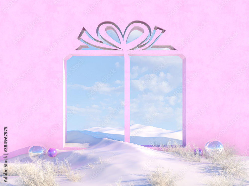 Poster Empty Winter Christmas scene with Gift box shape frame. 3d render.