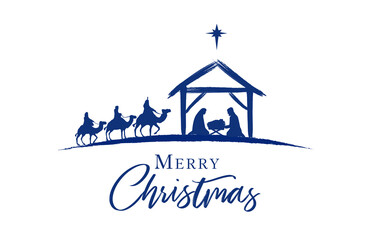 Birth of Christ, baby Jesus reaching the Magi bear gifts, three wise kings and star of Bethlehem, nativity Christmas graphics design. Vector illustration with Mary and Joseph in silhouette