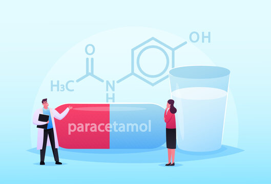 Tiny Doctor and Patient Characters Stand at Huge Formula of Paracetamol Medicament. Pharmaceutical Remedy, Healthcare