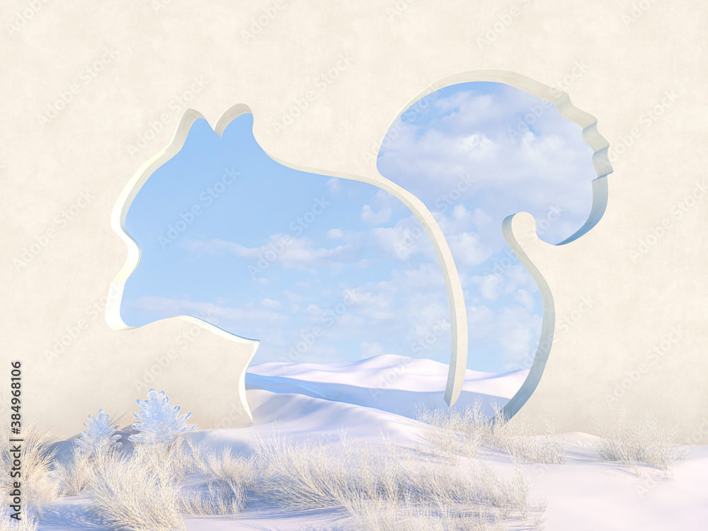 Poster Empty Winter Christmas scene with Squirrel shape frame. 3d render.
