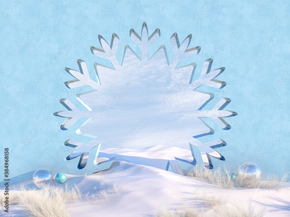 Poster Empty Winter Christmas scene with Snowflake shape frame. 3d render.