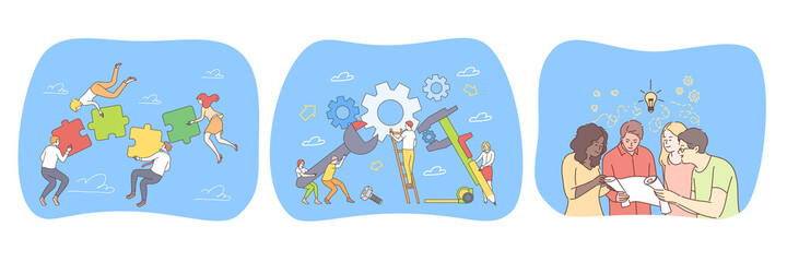 Success, business, idea, coworking, maintenance brainstorming, communication, teamwork set. Teams of businessmen women coworkers collecting jigsaw puzzles repairing gear working thinking together.