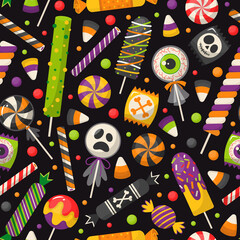 Vector seamless pattern for Halloween with traditional treats sweets, candies, lollipop decorated with halloween elements and ornaments.
