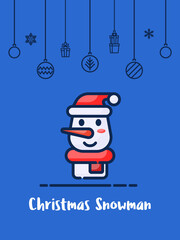 Christmas snowman icon with christmas ornament elements hanging background.