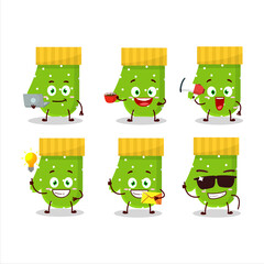 Green gloves cartoon character with various types of business emoticons