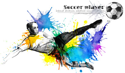 Fototapeta na wymiar football player. Soccer silhouette hand drawn illustration